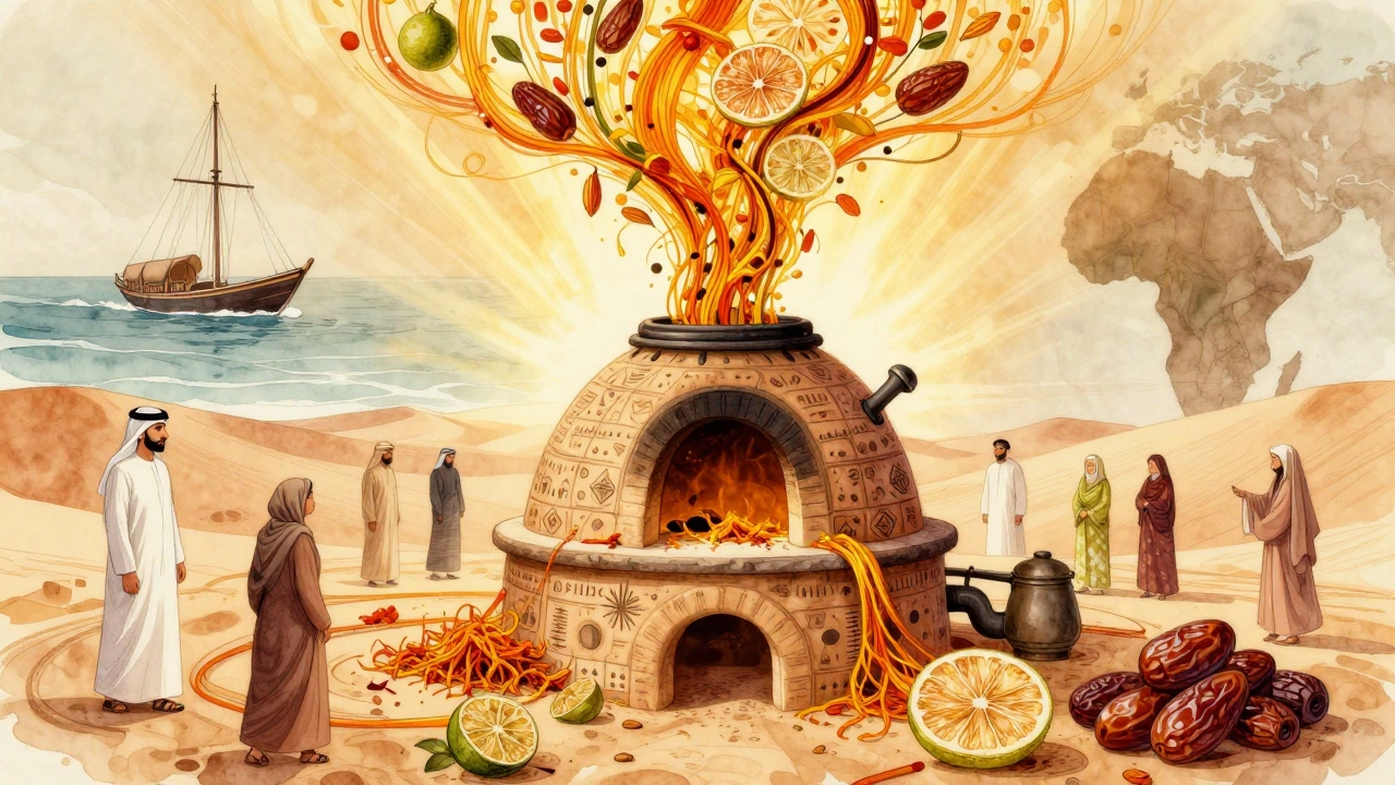 Artistic tapestry of Emirati cuisine connecting traders and grandmothers through spices and heritage.