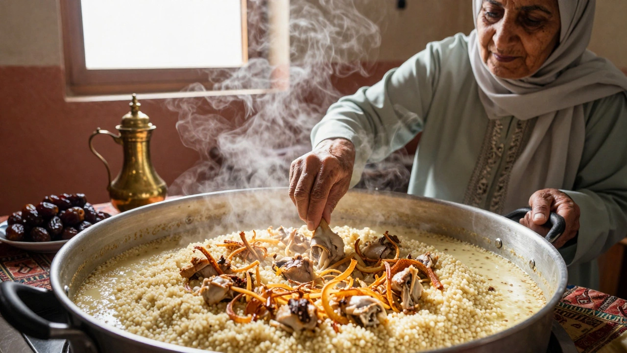 Elderly woman stirring creamy harees in a traditional kitchen, with coffee pot and dates nearby.