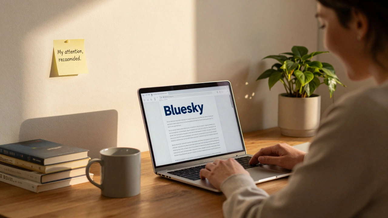Person reading Bluesky on laptop in a cozy home office during golden hour.