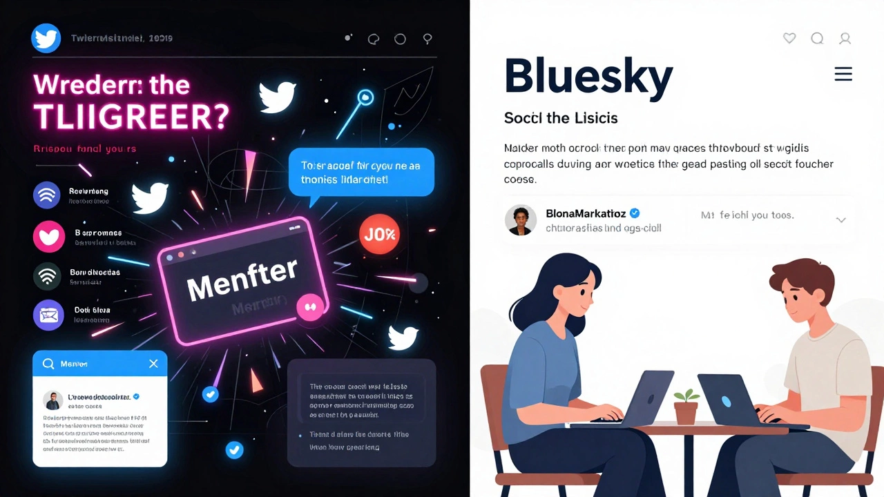 Split-screen contrast: chaotic Twitter vs. calm Bluesky social media interfaces.